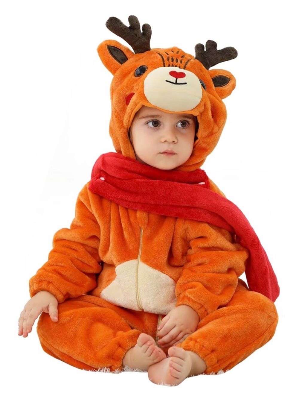 Kids Orange Reindeer Christmas girls boys Plush One-Piece with Red Scarf